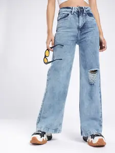 glitchez Women Wide Leg Distressed Heavy Fade Jeans