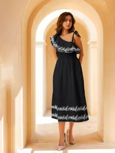 Dora Dori Solid  Embroidered One Shoulder Linen Fit & Flare Midi Dress