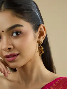 Kushal's Fashion Jewellery Gold Plated Ruby Studded Contemporary Antique Drop Earrings