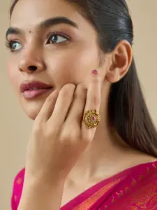 Kushal's Fashion Jewellery Gold-Plated Stone-Studded Antique Adjustable Finger Ring