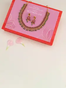 Kushal's Fashion Jewellery Gold-Plated Ruby-Studded Necklace & Earrings