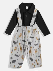Moms Love Infant Boys Pure Cotton Animal Graphic Printed Dungarees with Solid T-shirt