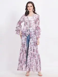 SUFIZA LIFESTYLE Floral Printed Longline Tie-Up Georgette Shrug