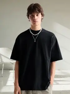 PRONK Men Solid Round Neck Cotton Oversized T-shirt