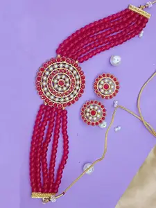 EVY Gold Plated Artificial Stones Studded  and Beaded Choker Necklace With Earrrings