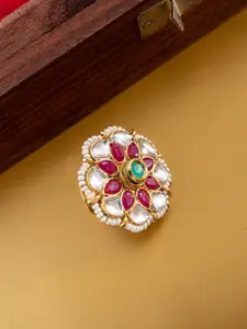 PANASH Gold-Plated Kundan Stones Studded And Beaded Finger Ring