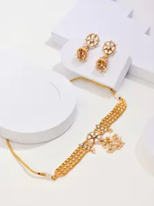 Anvik Gold Plated Stone Studded And Beaded Necklace And Earrings