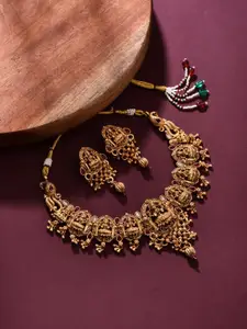 Anvik Gold-Plated Artificial Stones Studded And Beaded Temple Neckless And Earrings