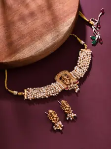 Anvik Gold-Plated Artificial Stones Studded And Beaded Temple Neckless And Earrings