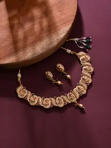 Anvik Gold-Plated Stone Studded And Beaded Goddess Laxmi Necklace And Earrings
