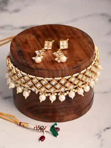 Anvik Gold-Plated Artificial Stones Studded And Beaded Neckless And Earrings