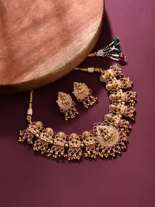 Anvik Gold-Plated Artificial Stone-Studded Goddess Lakshmi Temple Necklace And Earrings