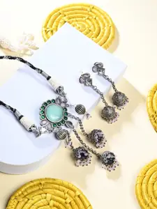 Anvik Silver-Plated Artificial Stones Studded And Beaded Oxidized Neckless And Earrings