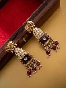 PANASH Gold-Plated Artificial Stones Studded & Beaded Contemporary Shaped Drop Earrings