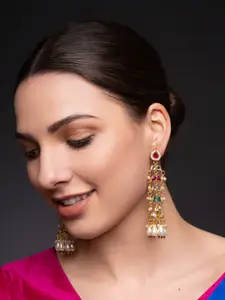 PANASH Gold-Plated Artificial Stones Studded & Beaded Contemporary Shaped Drop Earrings