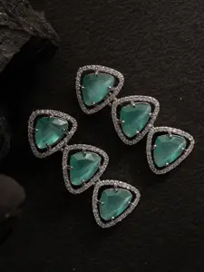 PANASH Silver -Plated Stones Studded Triangular Shaped Drop Earrings