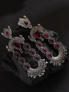PANASH Silver-Plated Stones Studded And Beaded Contemporary Shaped Oxidized Drop Earrings