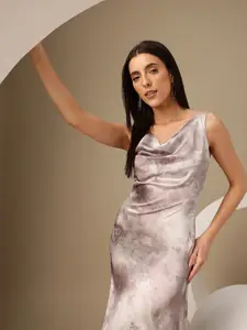 Chemistry Tie & Dye Cowl Neck Satin-Finish Party Midi A-Line Dress