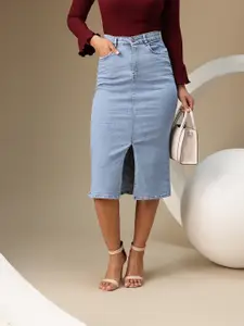 Chemistry Women Denim Pure Cotton Midi Skirt with Slit Detail