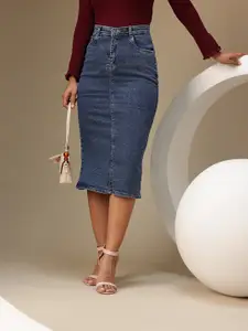 Chemistry Women Denim Pure Cotton Midi Skirt with Slit Detail