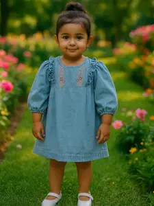 MeeMee Kids Girls Embroidered Puff Sleeves Denim A-Line Dress