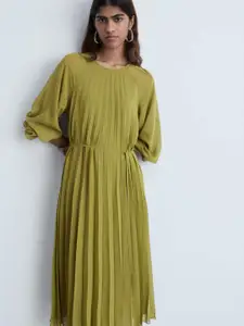 MANGO Puff Sleeve Pleated A-Line Midi Dress