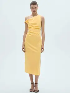 MANGO Asymmetric Neck Gathered Sheath Midi Dress