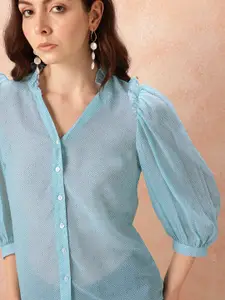 all about you Geometric Print Mandarin Collar Puff Sleeve Ruffles Net Shirt Style Top