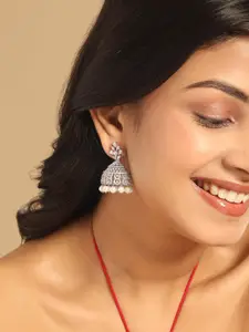 Yinara Rhodium-Plated Cubic Zirconia Studded Anti Tarnish Dome Shaped SIlver Jhumkas