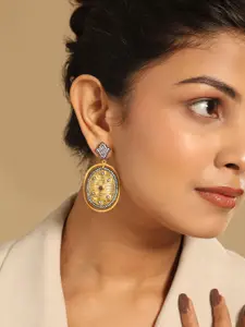 Yinara 18k Gold-Plated American Diamonds Studded Contemporary Shaped Dnagler Earrings