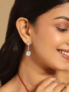 Yinara Rhodium-Plated Cubic Zirconia Studded Contemporary Shaped Drop Earrings