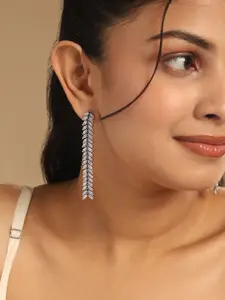 Yinara Rhodium-Plated Zircon & Green Stone Studded Anti Tarnish Sleek Cocktail Earrings