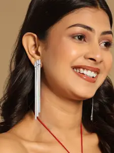 Yinara Stainless Steel Rhodium-Plated CZ Studded Contemporary Tasselled Drop Earrings