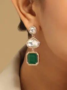 Yinara 22K Gold-Plated Faux Emerald Stone & Kundan Studded Contemporary Drop Earrings