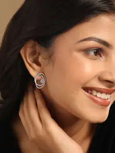 Yinara Rhodium-Plated CZ Studded Contemporary Drop Earrings