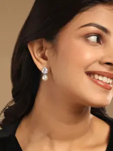 Yinara Rhodium-Plated CZ Studded And Pearls Beaded Contemporary Drop Earrings