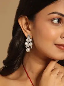 Yinara Stainless Steel Rhodium-Plated CZ Studded & Pearls Beads Contemporary Drop Earrings