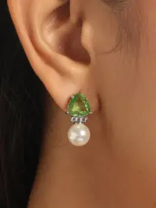 Yinara Rhodium-Plated Faux Emerald Studded Anti Tarnish Contemporary Studs