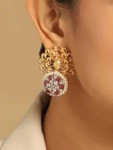 Yinara 22K Gold-Plated CZ Studded Peacock Motif Statement Stud Earrings