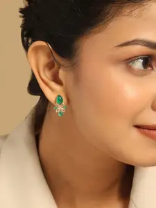 Yinara 18k Gold Plated Zircon & Semi Precious Green Onyx Studded Floral Shaped Mini Studs