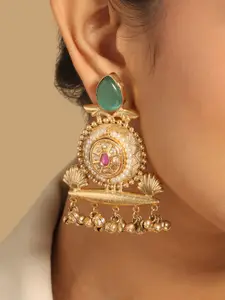 Yinara Gold-Plated Artificial Stones Studded Contemporary Shaped Drop Earrings