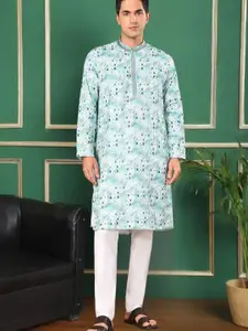 TATTVA Paisley Printed Mandarin Collar Kantha Work Sequinned Straight Kurta