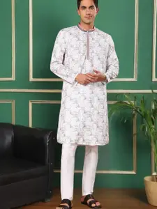 TATTVA Abstract Printed Mandarin Collar Kantha Work Sequinned Straight Kurta