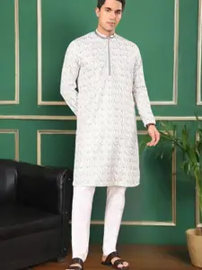 TATTVA Abstract Printed Mandarin Collar Kantha Work Sequinned Straight Kurta