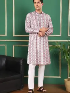 TATTVA Geometric Printed Mandarin Collar Kantha Work Sequinned Straight Kurta