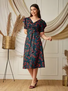 BAESD Girls Floral Printed Puff Sleeves Wrap Midi Dress