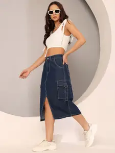 DOLCE CRUDO Denim High-Rise Clean-Look Straight Cargo Midi Skirt