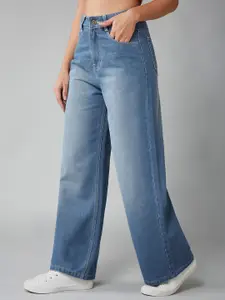 DOLCE CRUDO Women Wide Leg High-Rise Light Fade Stretchable Jeans