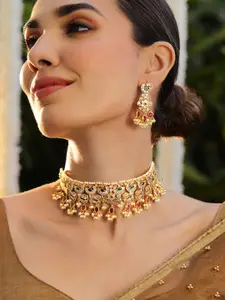 Rubans 24K Gold Plated Emerald & Ruby Studded Pearl Beaded Handcrafted Choker Necklace Set