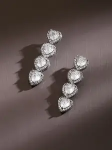 Rubans Rhodium Plated Cubic Zirconia Studded Heart Shaped Premium Drop Earrings